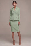 Ivory Single Breasted Long Sleeves 2 Piece Notched Lapel Midi Skirt Suits with Back Slit
