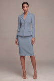 Ivory Single Breasted Long Sleeves 2 Piece Notched Lapel Midi Skirt Suits with Back Slit