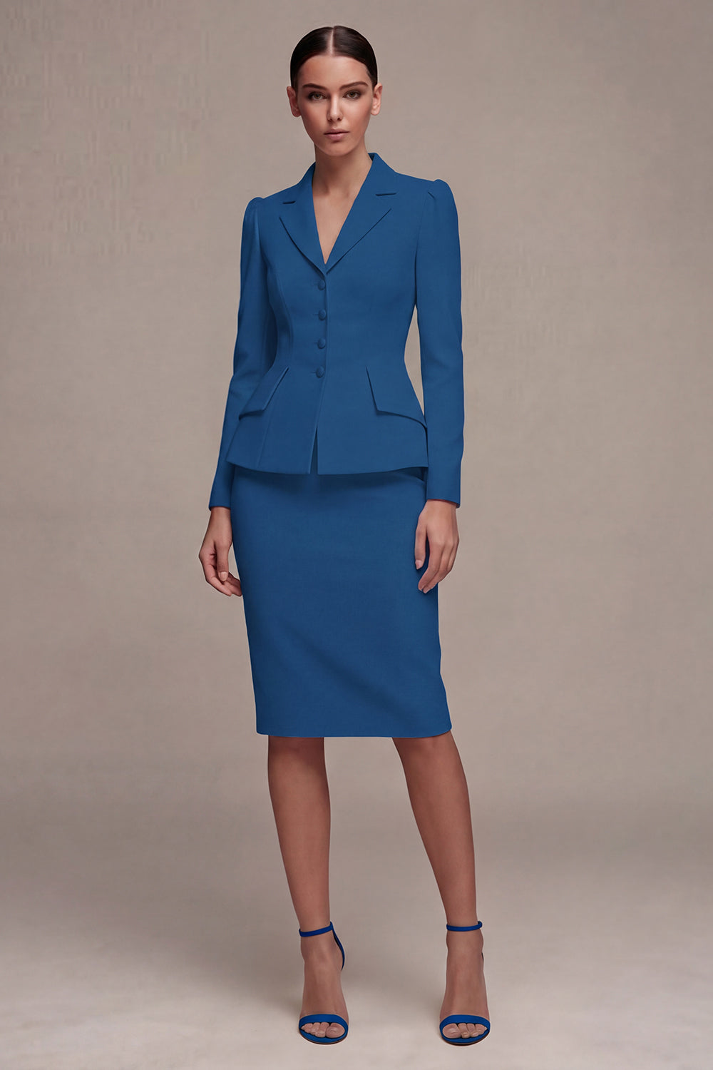Ivory Single Breasted Long Sleeves 2 Piece Notched Lapel Midi Skirt Suits with Back Slit