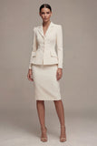 Ivory Single Breasted Long Sleeves 2 Piece Notched Lapel Midi Business Suits with Back Slit