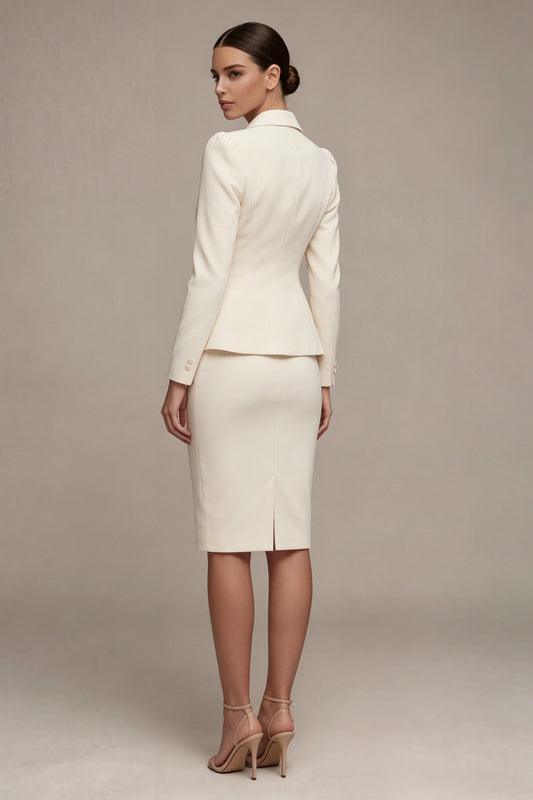 Ivory Single Breasted Long Sleeves 2 Piece Notched Lapel Midi Business Suits with Back Slit