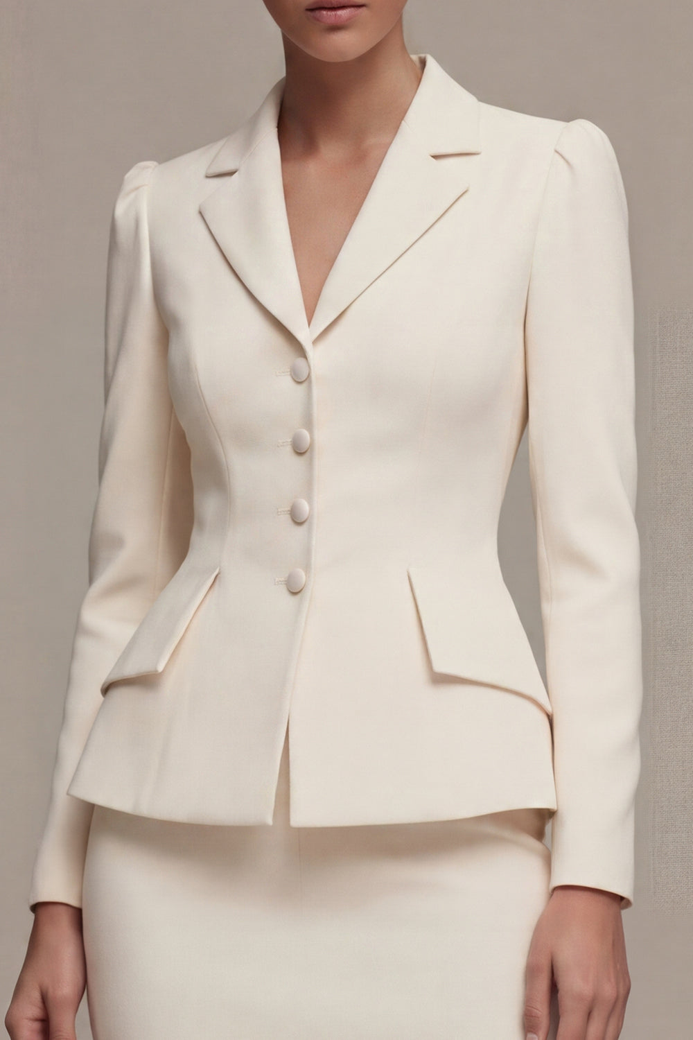 Ivory Single Breasted Long Sleeves 2 Piece Notched Lapel Midi Business Suits with Back Slit