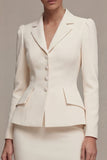 Ivory Single Breasted Long Sleeves 2 Piece Notched Lapel Midi Business Suits with Back Slit