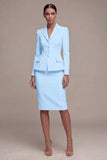 Ivory Single Breasted Long Sleeves 2 Piece Notched Lapel Midi Skirt Suits with Back Slit