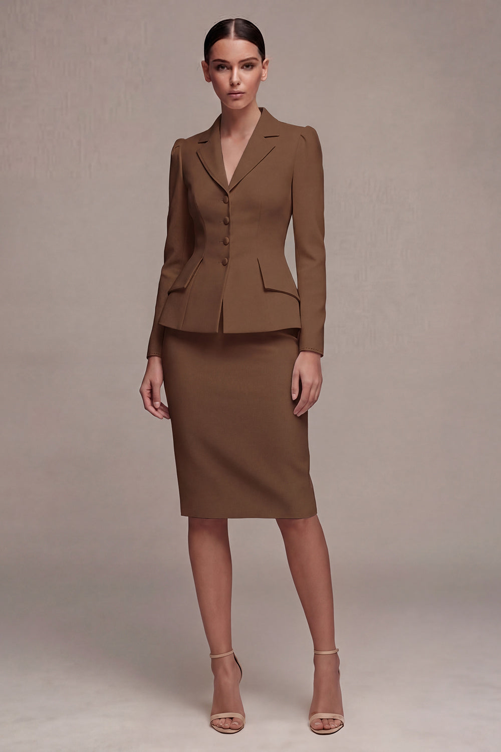 Ivory Single Breasted Long Sleeves 2 Piece Notched Lapel Midi Skirt Suits with Back Slit