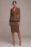 Ivory Single Breasted Long Sleeves 2 Piece Notched Lapel Midi Skirt Suits with Back Slit