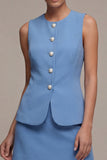Steel Blue 2 Piece Round Neck Short Single Breasted Business Suits
