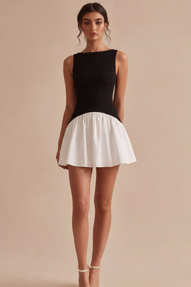 Bateau Neck Black and White A Line Cocktail Dress