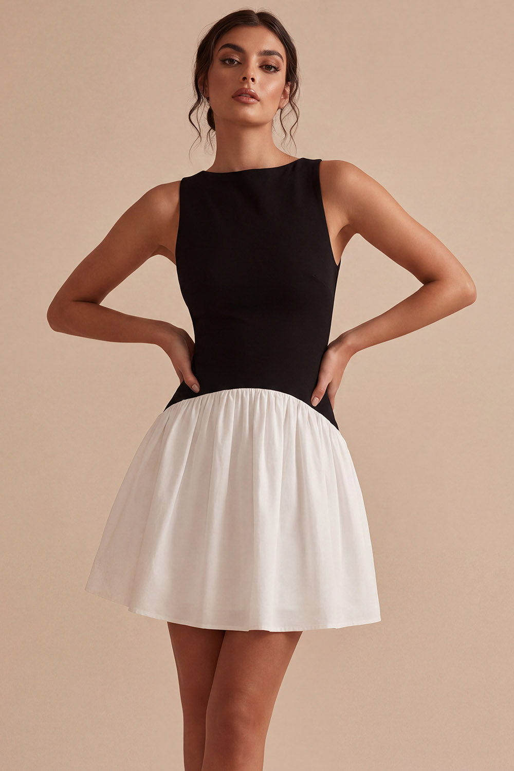 Bateau Neck Black and White A Line Cocktail Dress