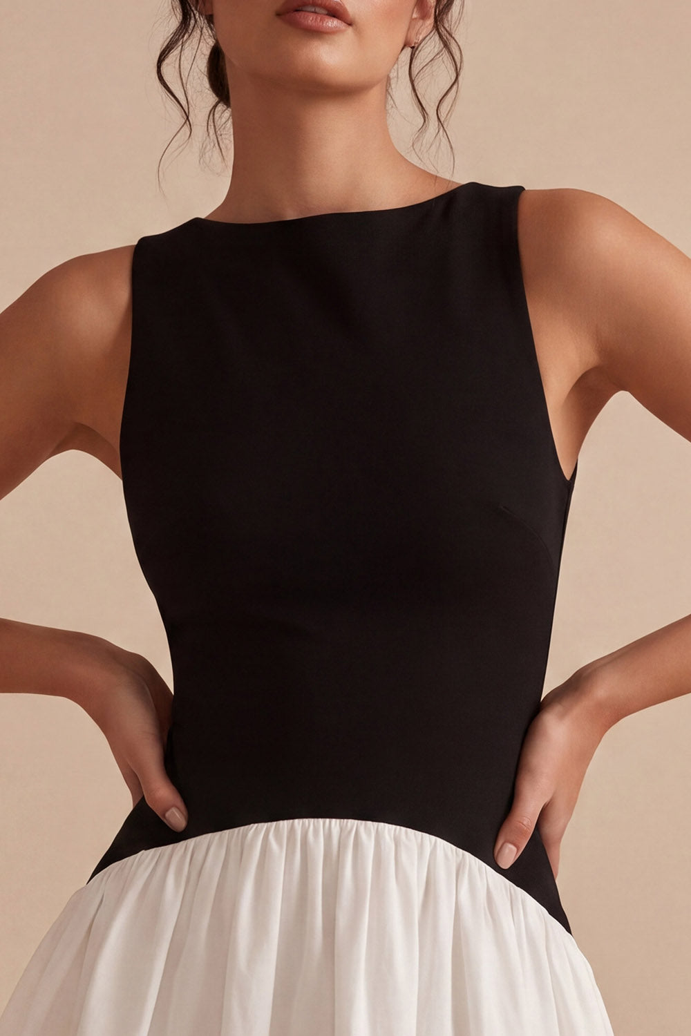 Bateau Neck Black and White A Line Cocktail Dress