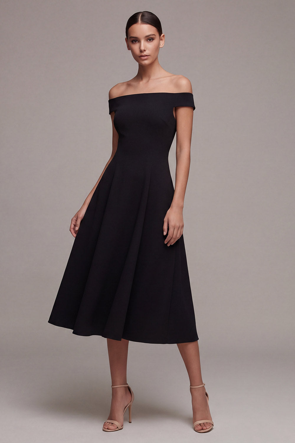 Zapakasa Women Black Midi Satin Formal Dress Off the Shoulder A Line