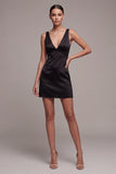V-Neck Black Tight Satin Backless Little Black Dress