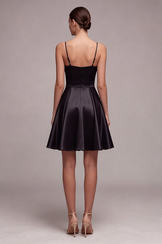 Spaghetti Straps Ruched A Line Little Black Dress
