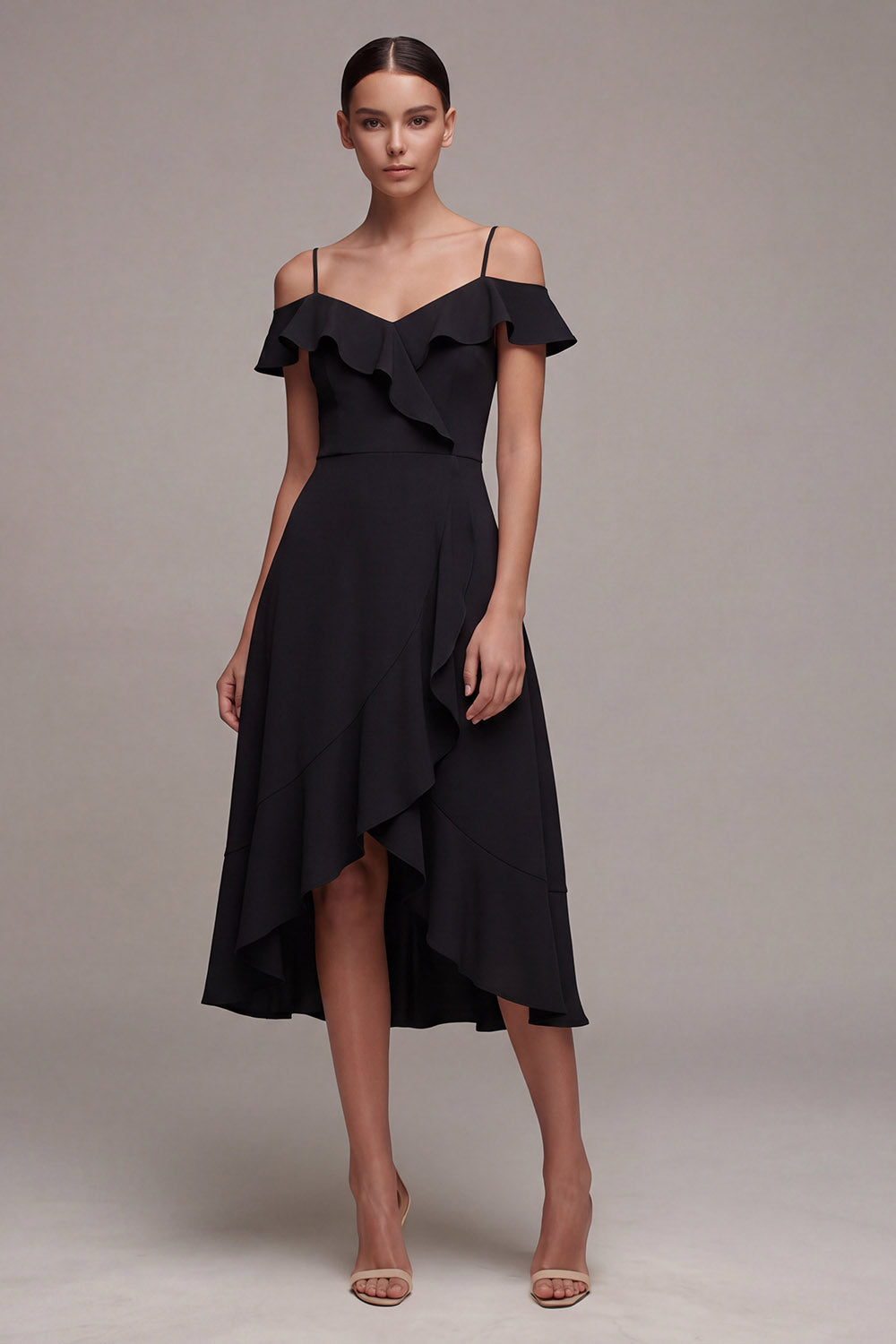 Cold Shoulder A Line High Low Little Black Dress with Ruffles