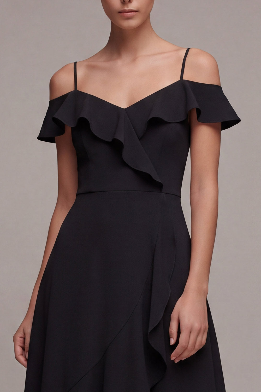 Cold Shoulder A Line High Low Little Black Dress with Ruffles