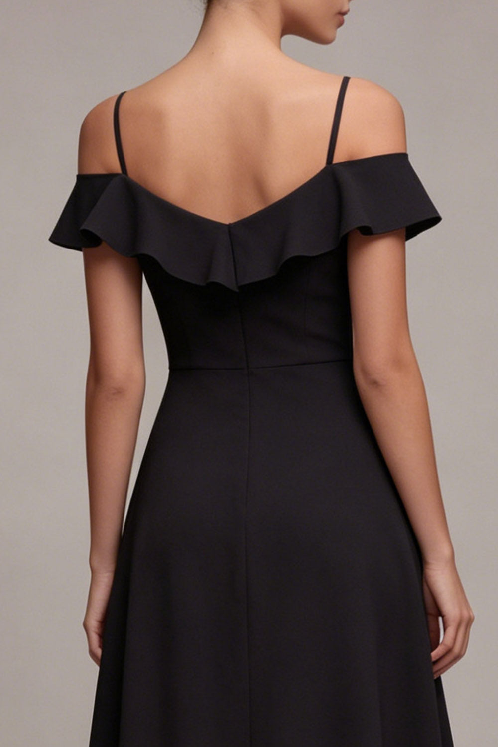 Cold Shoulder A Line High Low Little Black Dress with Ruffles