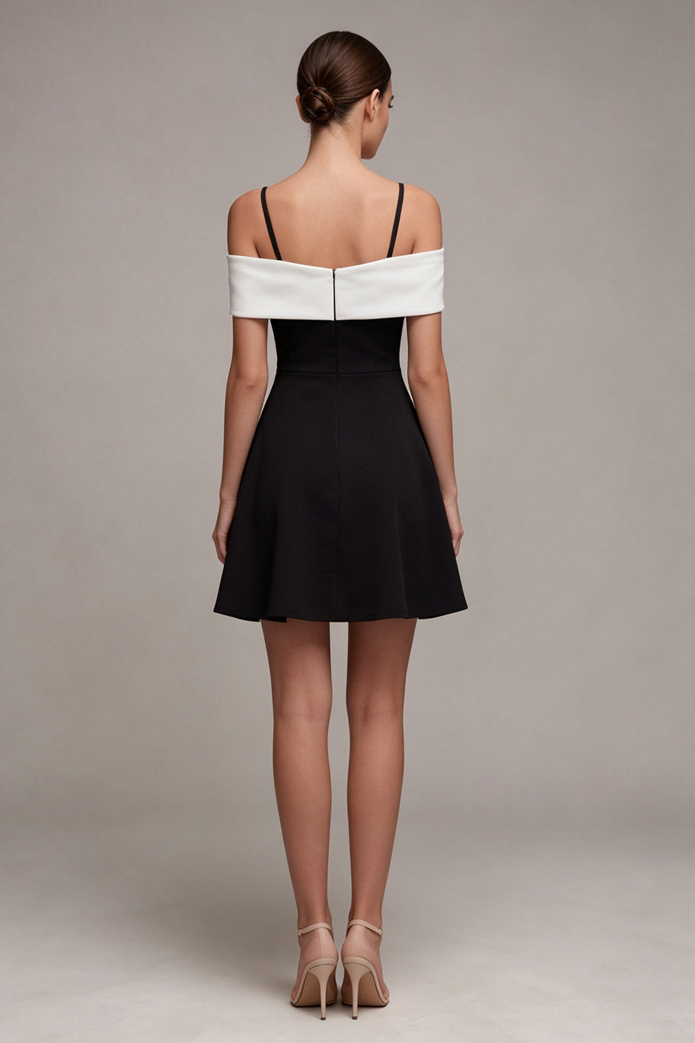 Black and White Cold Shoulder A Line Cocktail Dress with Bow