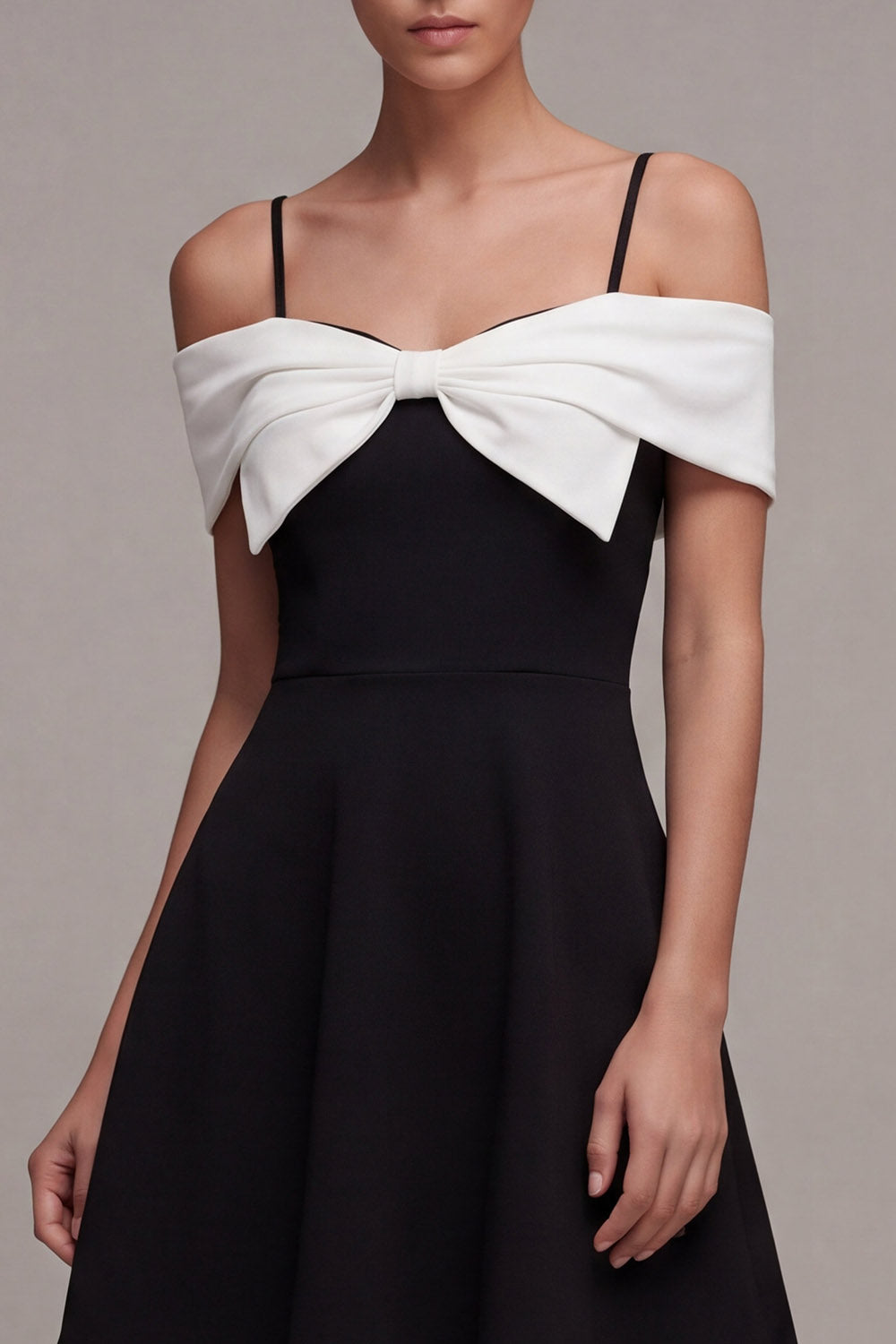 Black and White Cold Shoulder A Line Cocktail Dress with Bow