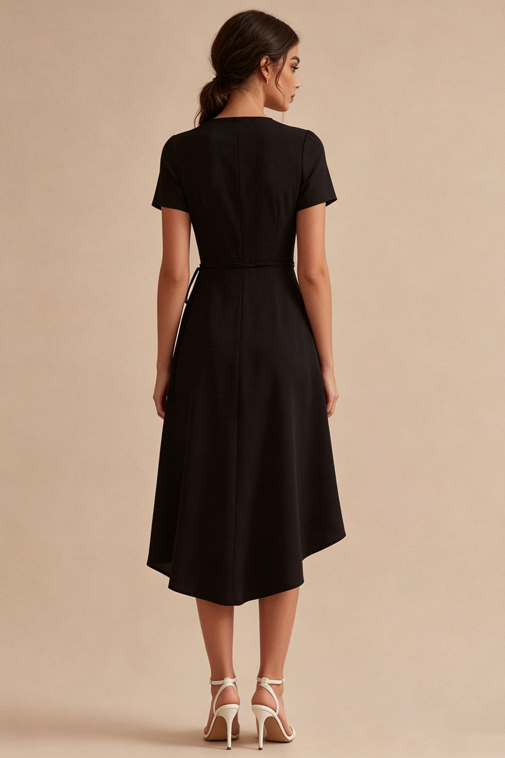 A Line High Low V-Neck Short Sleeves Little Black Dress with Pockets