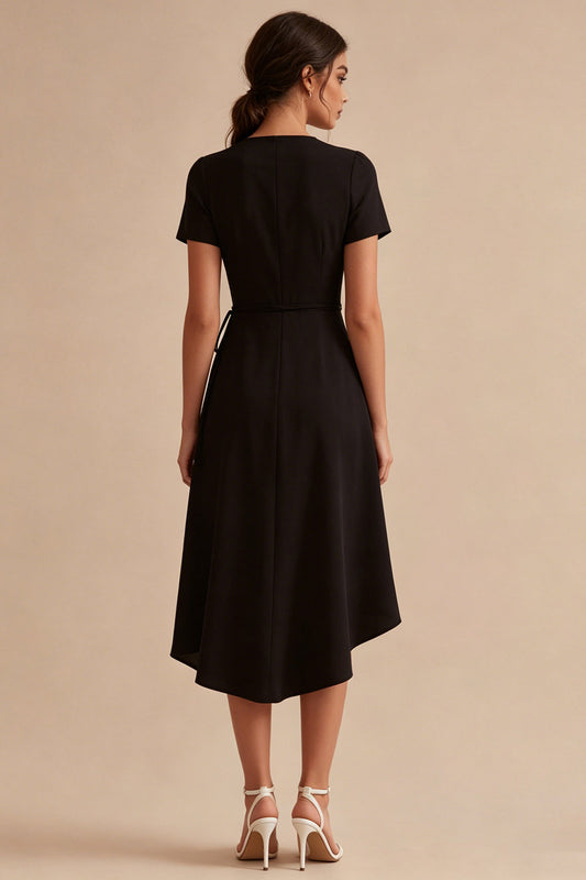 A Line High Low V-Neck Short Sleeves Little Black Dress with Pockets