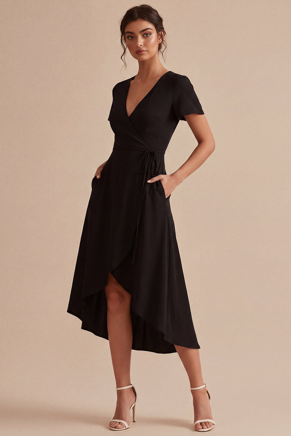 Zapakasa Women High Low Little Black Dress with Pockets V-Neck Short