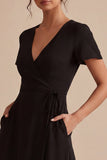 A Line High Low V-Neck Short Sleeves Little Black Dress with Pockets