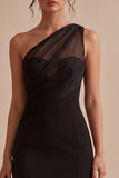 One Shoulder Ruched Mesh Tight Little Black Dress