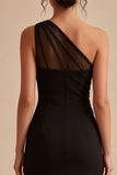 One Shoulder Ruched Mesh Tight Little Black Dress