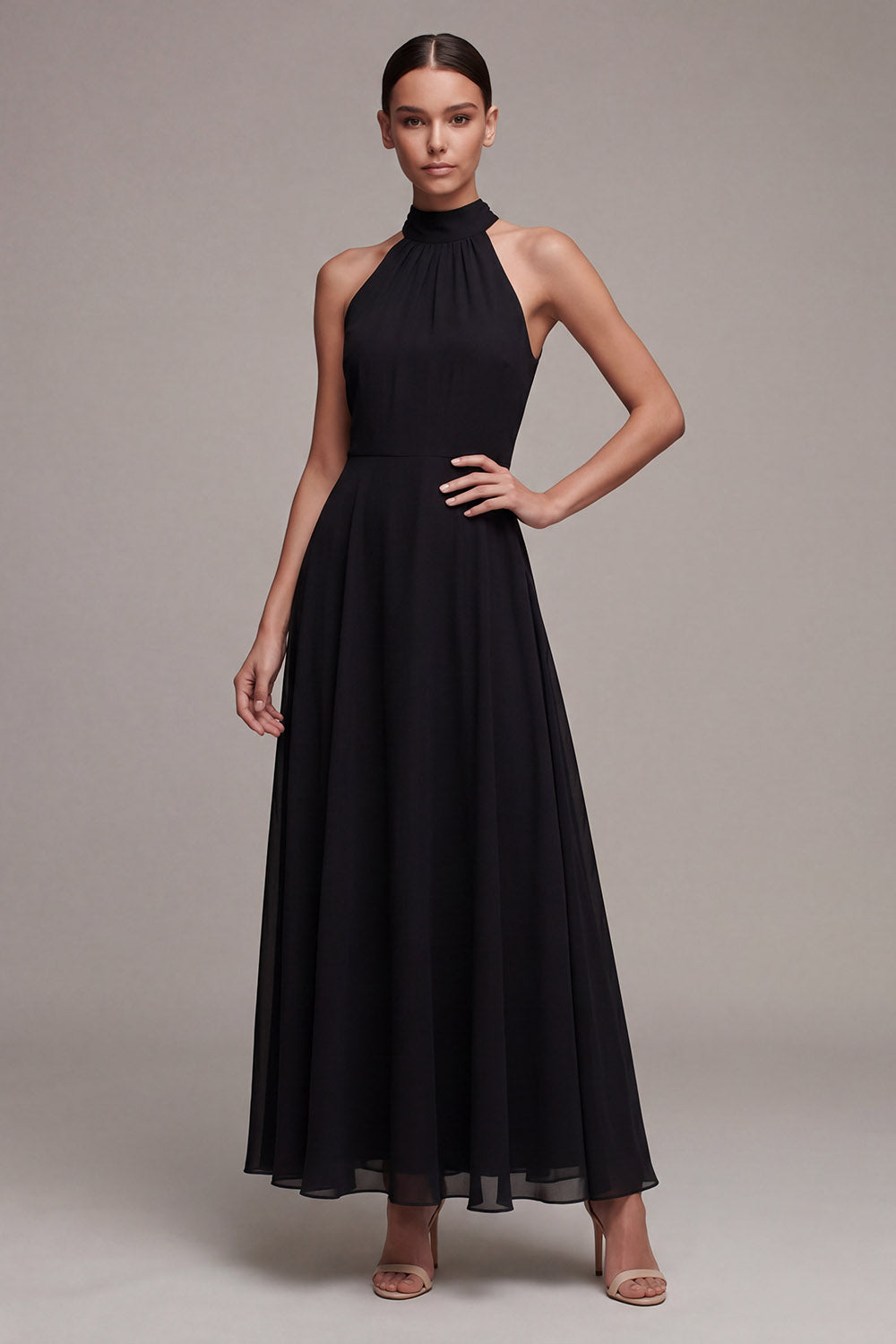 Backless Halter A Line Maxi Black Formal Dress