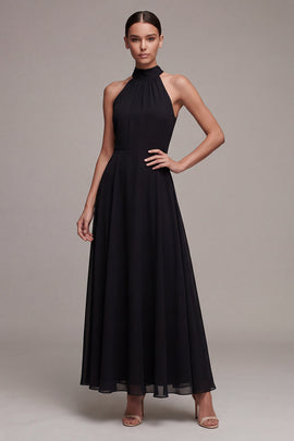 Backless Halter A Line Maxi Black Formal Dress