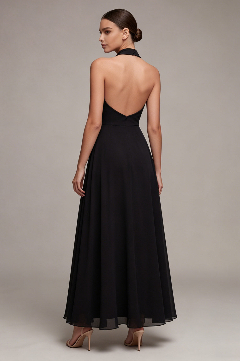 Backless Halter A Line Maxi Black Formal Dress