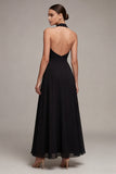 Backless Halter A Line Maxi Black Formal Dress