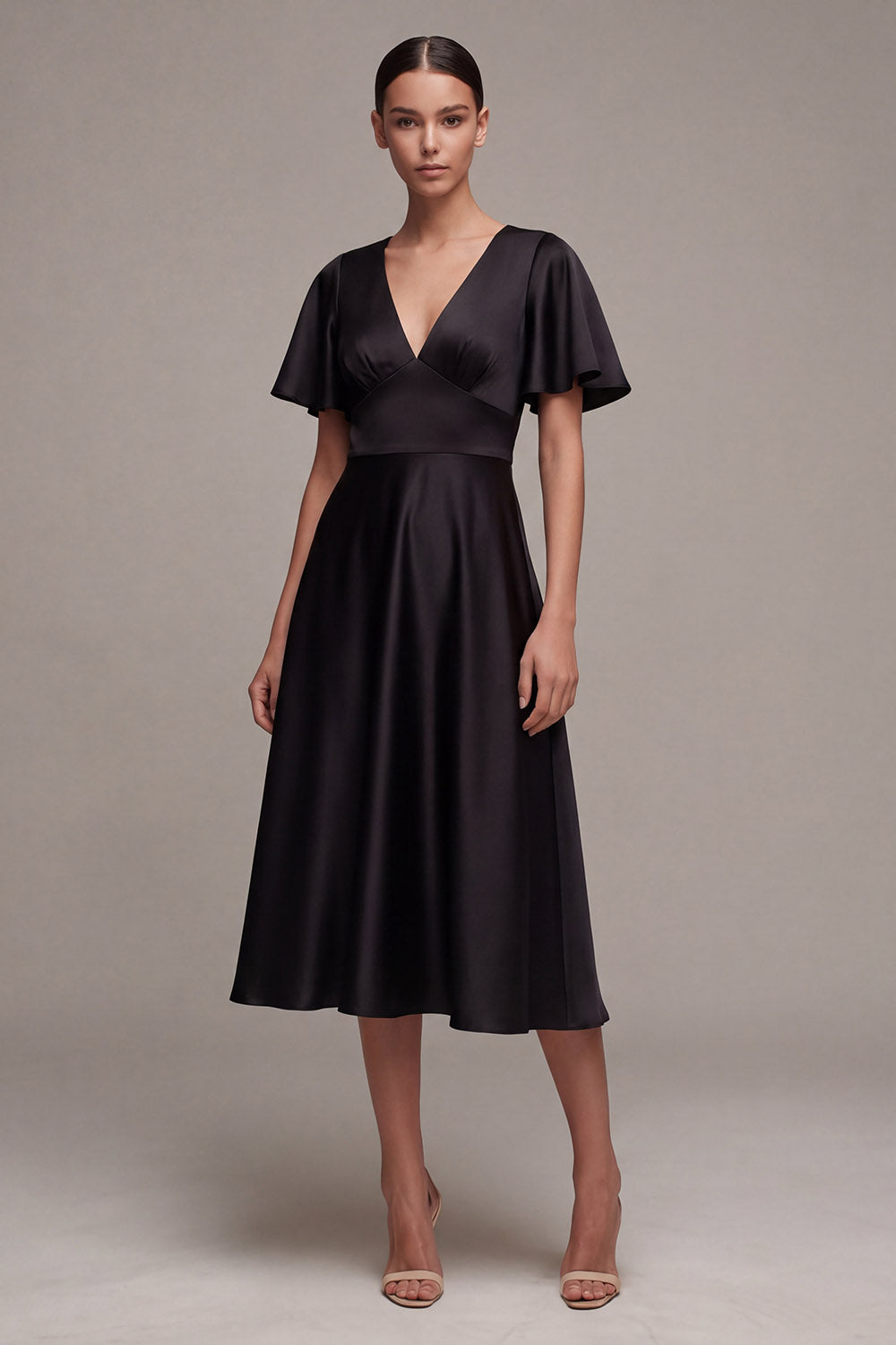 Flutter Sleeves V-Neck Midi A Line Formal Dress