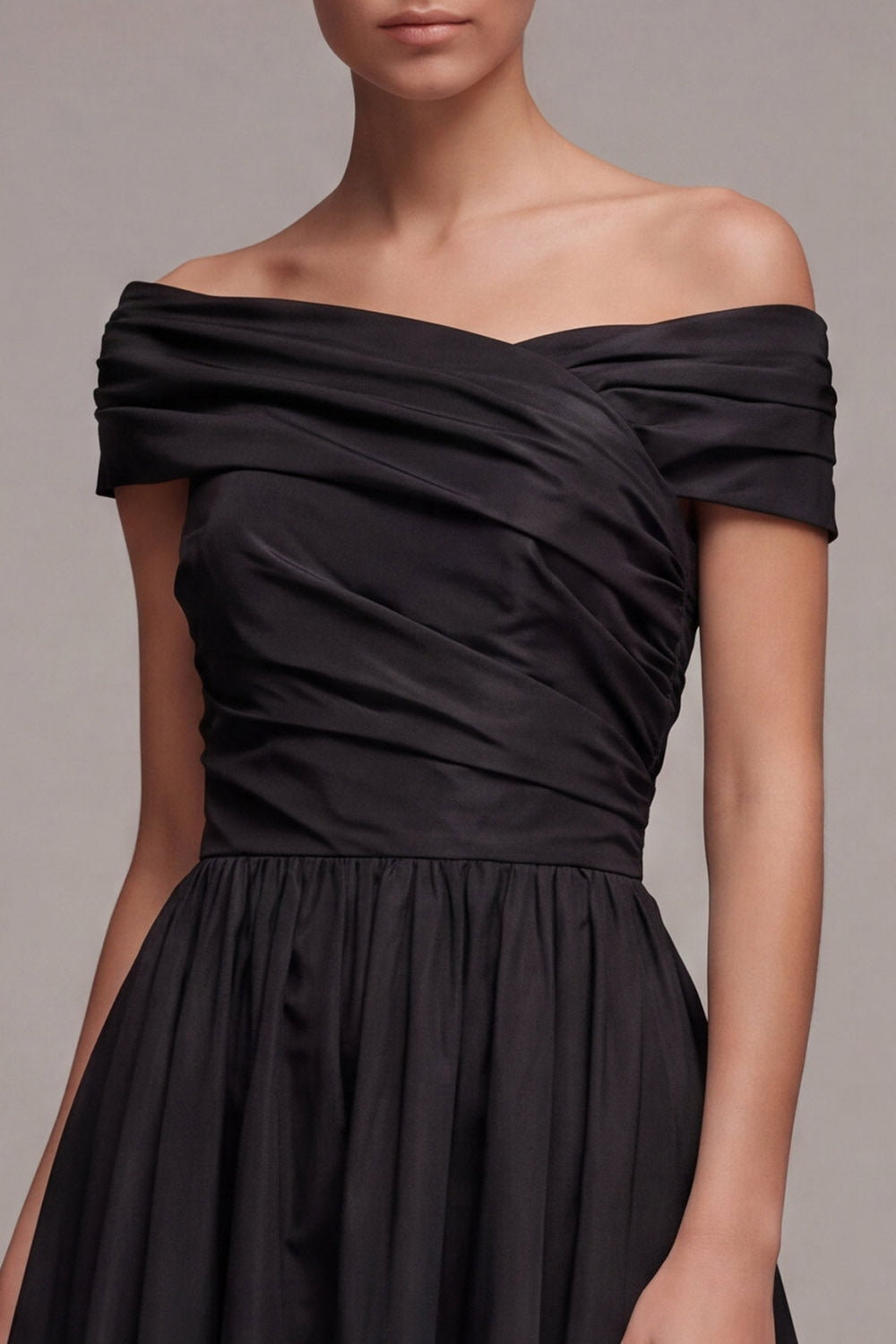 Ruched Maxi A Line Black Off the Shoulder Formal Dress