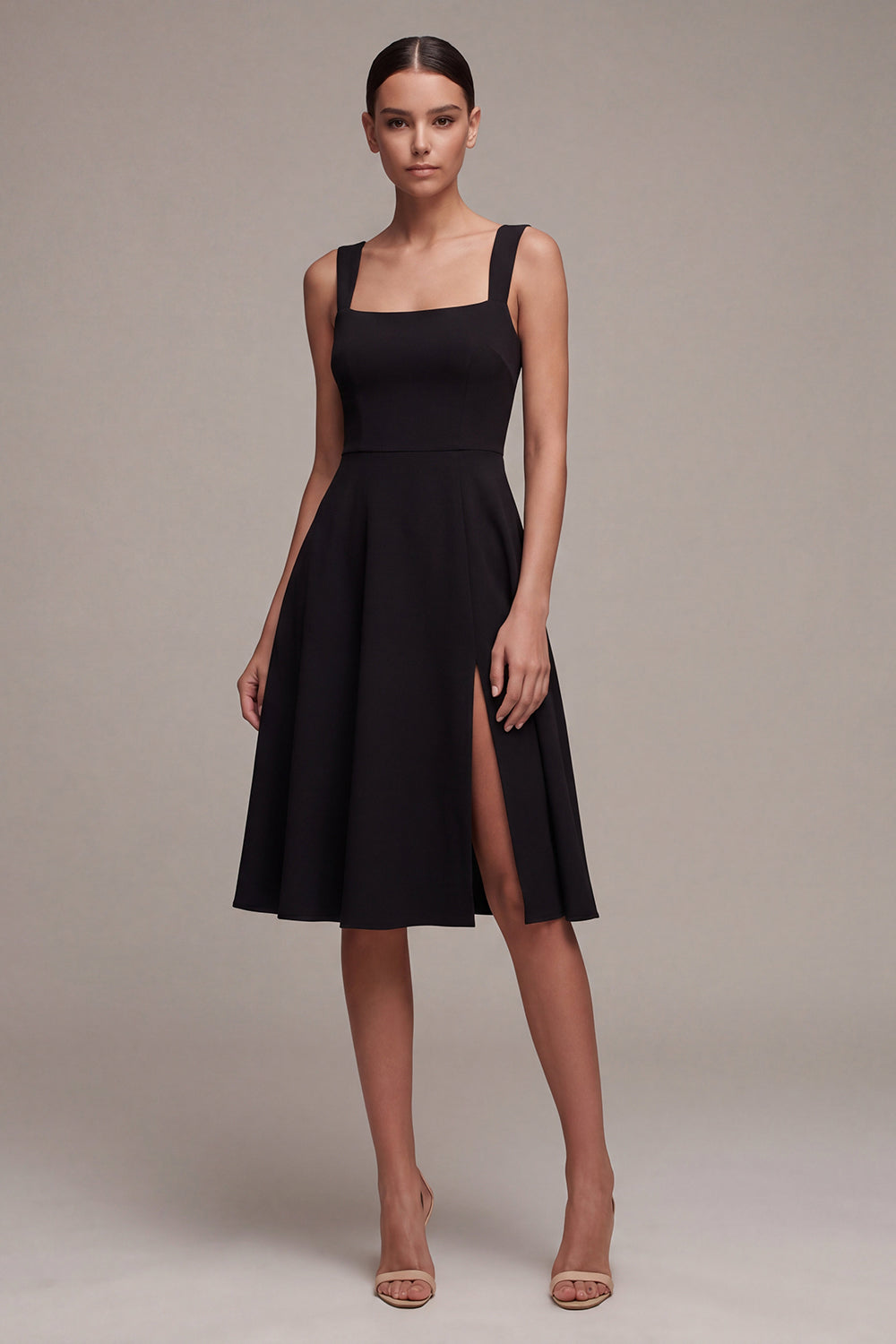 Square Neck A Line Midi Little Black Dress with Slit
