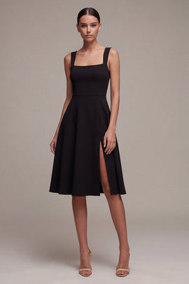 Square Neck A Line Midi Little Black Dress with Slit