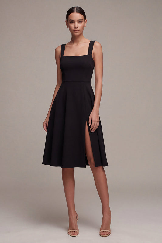 Square Neck A Line Midi Little Black Dress with Slit