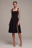 Square Neck A Line Midi Little Black Dress with Slit