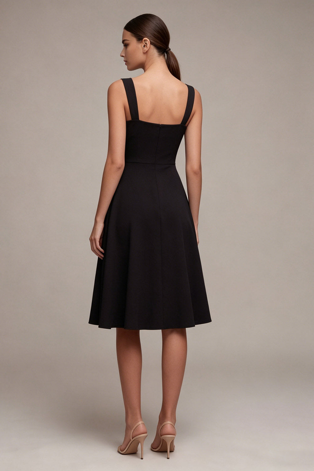 Square Neck A Line Midi Little Black Dress with Slit