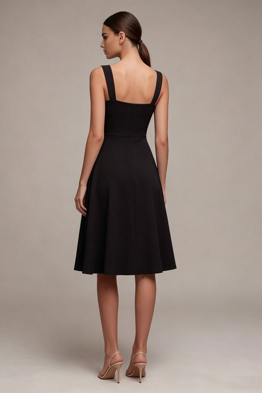Square Neck A Line Midi Little Black Dress with Slit