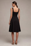 Square Neck A Line Midi Little Black Dress with Slit
