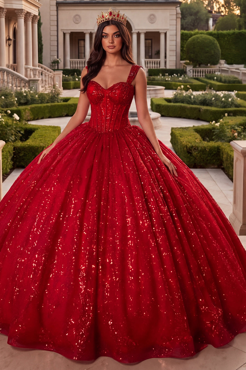 Sparkly Red Corset Princess Long Thick Straps Sequin Quinceanera Dress