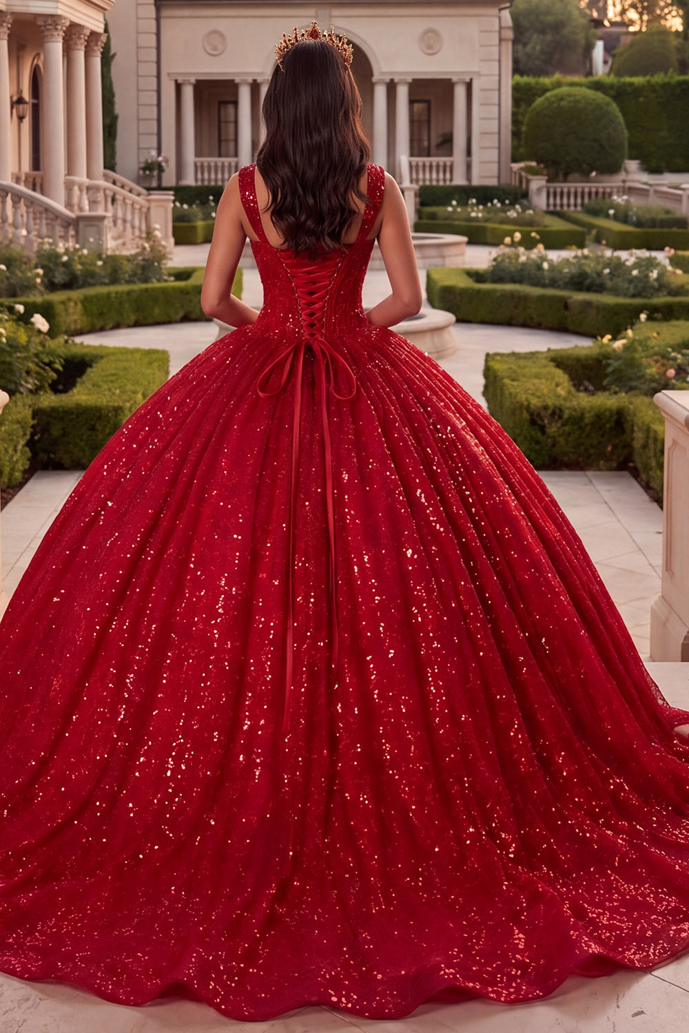 Sparkly Red Corset Princess Long Thick Straps Sequin Quinceanera Dress