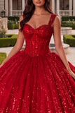 Sparkly Red Corset Princess Long Thick Straps Sequin Quinceanera Dress