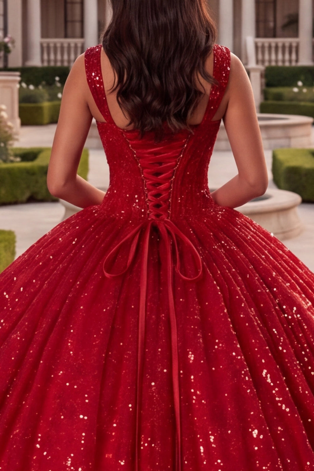 Sparkly Red Corset Princess Long Thick Straps Sequin Quinceanera Dress