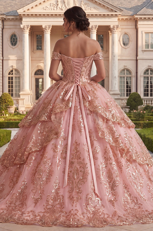 Princess Sequin Ruched Sparkly Pink Long Off the Shoulder Quinceanera Dress