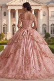 Princess Sequin Ruched Sparkly Pink Long Off the Shoulder Quinceanera Dress