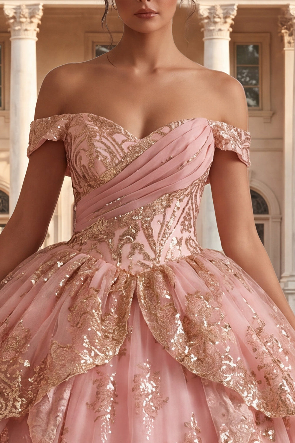 Princess Sequin Ruched Sparkly Pink Long Off the Shoulder Quinceanera Dress