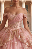 Princess Sequin Ruched Sparkly Pink Long Off the Shoulder Quinceanera Dress
