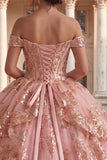 Princess Sequin Ruched Sparkly Pink Long Off the Shoulder Quinceanera Dress